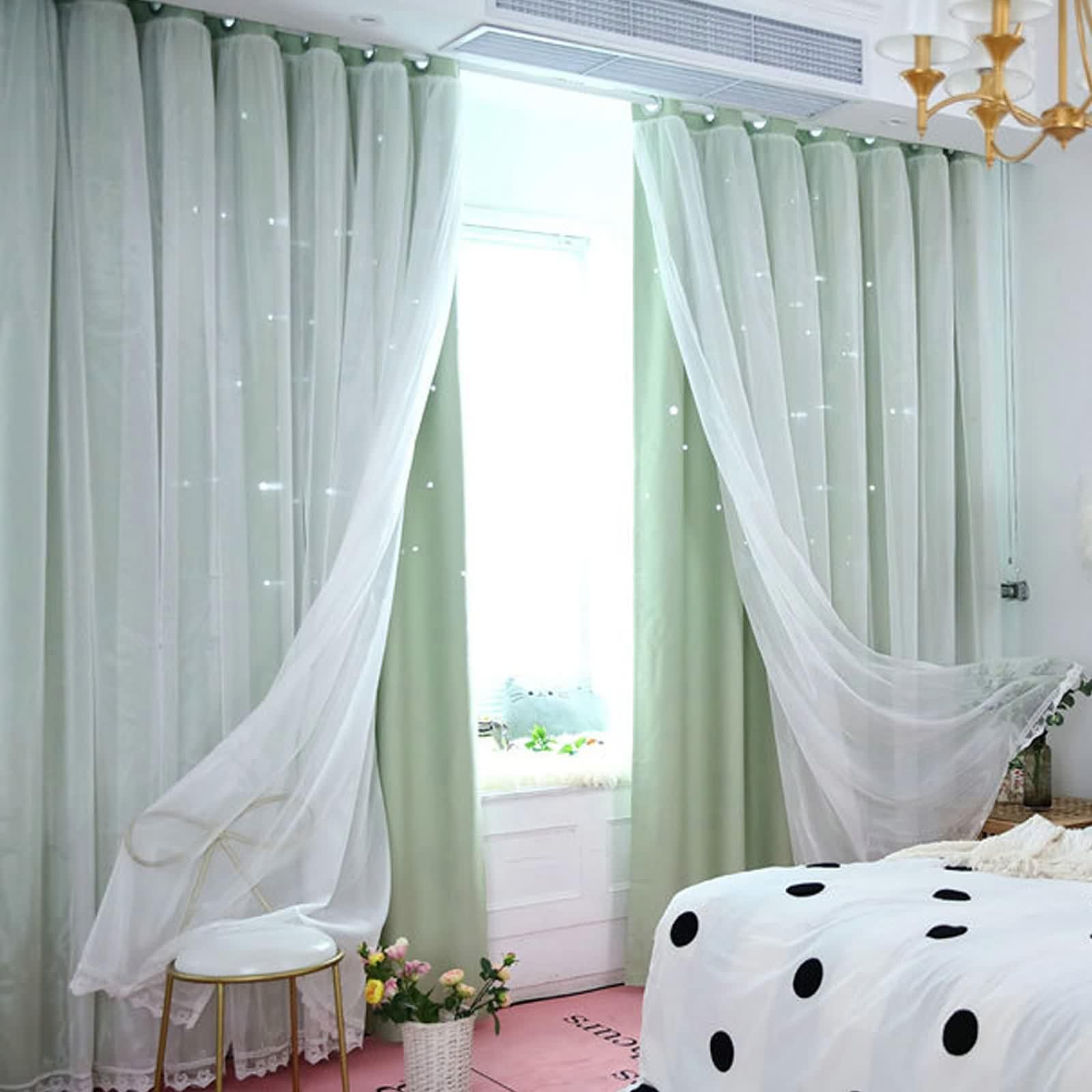 Moderne Gardinen für Die Küche, Gardinen Grün Stern Polyester Vorhänge für Schlafzimmer Wohnzimmer 2er Set 132x160cm BxH