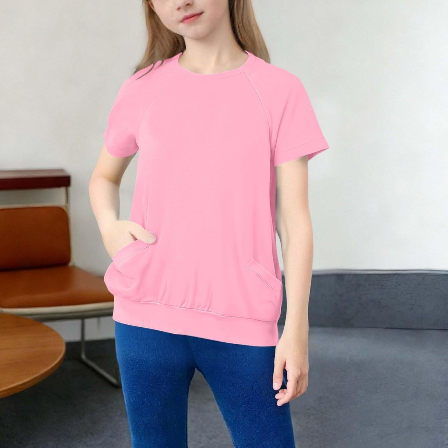 Girls' Sweatshirt Short Sleeve Loose Fit | Casual Everyday Boys' Shirts Crewneck Pocket Comfort Kid Tee Shirt