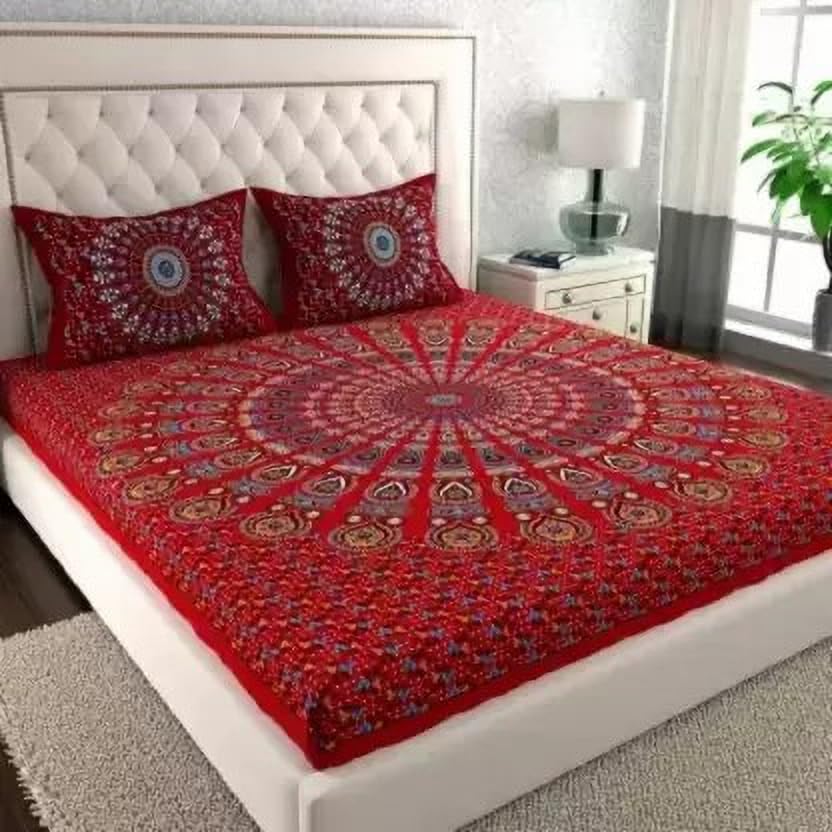 Image of Cotton Bedsheet (Red, Double, Mandala) - Traditional Mandala Print, Pure Cotton Comfort, Stylish Ethnic Design for Bedroom
