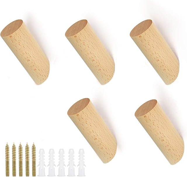 UTRUGAN 5 Pcs Wooden Coat Hooks 10kg Heavy Duty Hooks Wall Mounted Coat Pegs Entryway Hat Rack Single Wall Hooks with Screws for Hanging Clothes, Umbrellas, Bags and Headset in Bedroom, Living Room