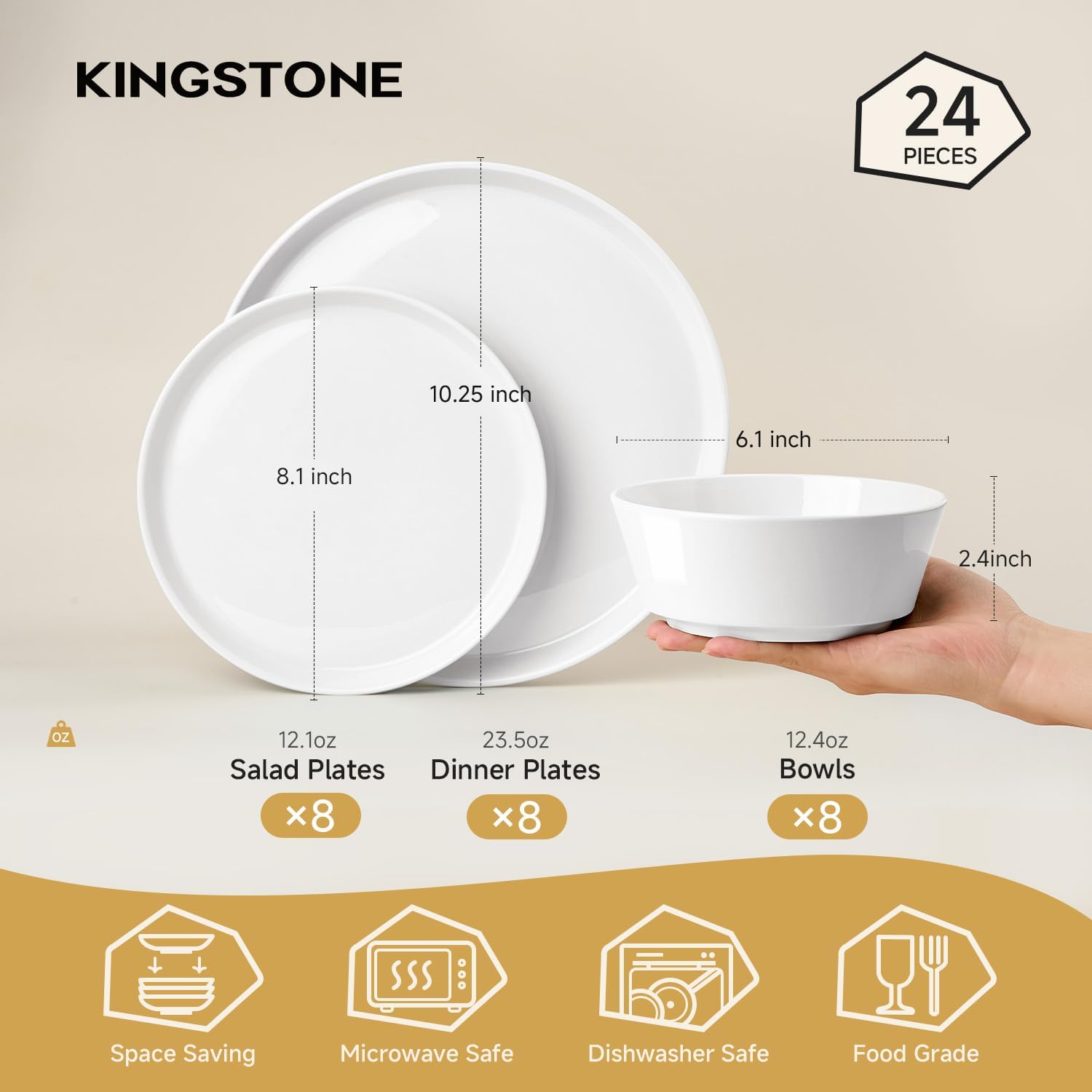 KINGSTONE Bone China Dinnerware Sets for 8, 24-Piece Lightweight Porcelain plates and bowls sets, Scratch Resistant Dish Set, Kitchen Dinner Set, for Home, Party, Gift, Microwave & Dishwasher Safe