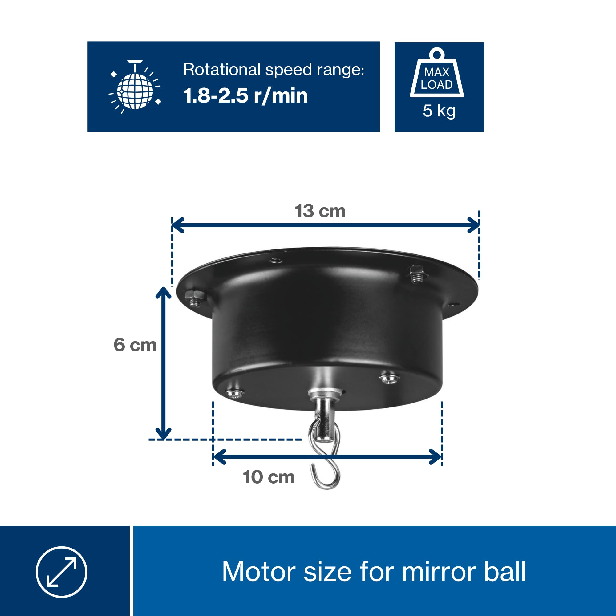 HQ-Power Zestaw z Kulą dyskotekową Ø 10 cm + silnikiem 4 W, obrotową kulą lustrzaną, 6 l odblaskowego szkła fasetowanego, 1,8–2,5 obr./min, nośnością 5 kg, bezpiecznym systemem zawieszenia do montażu