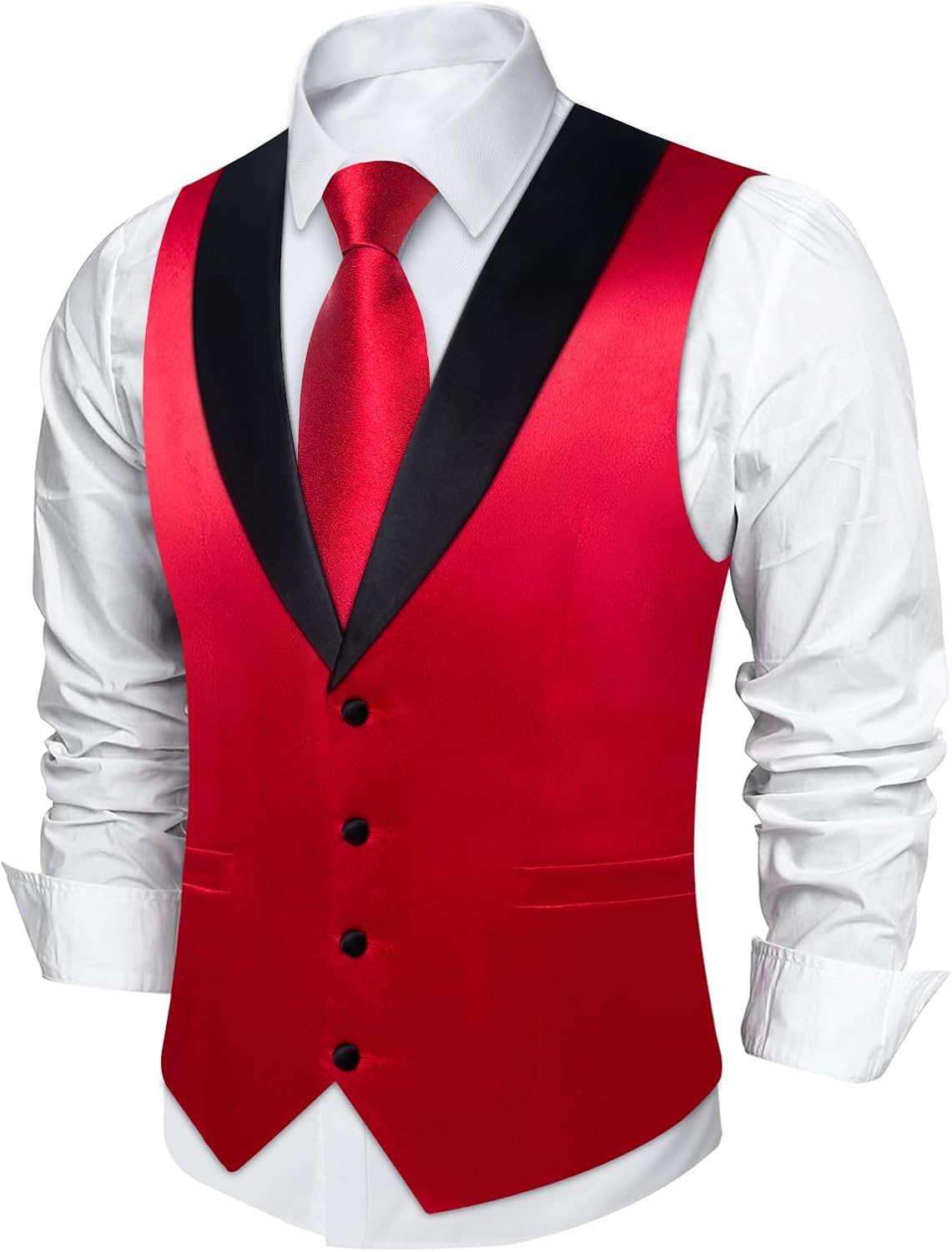 DiBanGu Mens Vest Formal Solid Color Waistcoat and Tie Pocket Square Set Satin Shawl Lapel Dress Vest Wedding Business