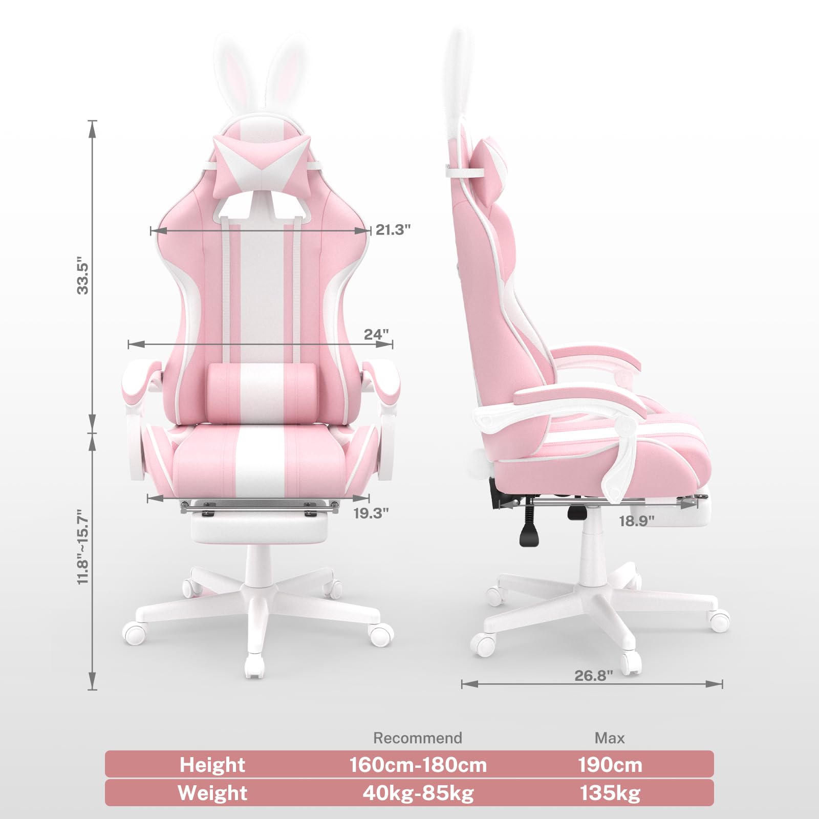 Chaise Gaming Ergonomique avec Repose-Pieds Rétractable, Gaming Chair avec Oreilles et Queue de Chat, Fauteuil Gamer en Tissu avec Massage Lombaire, Appui-Tête, Hauteur Réglable, Roulettes PU, Rose