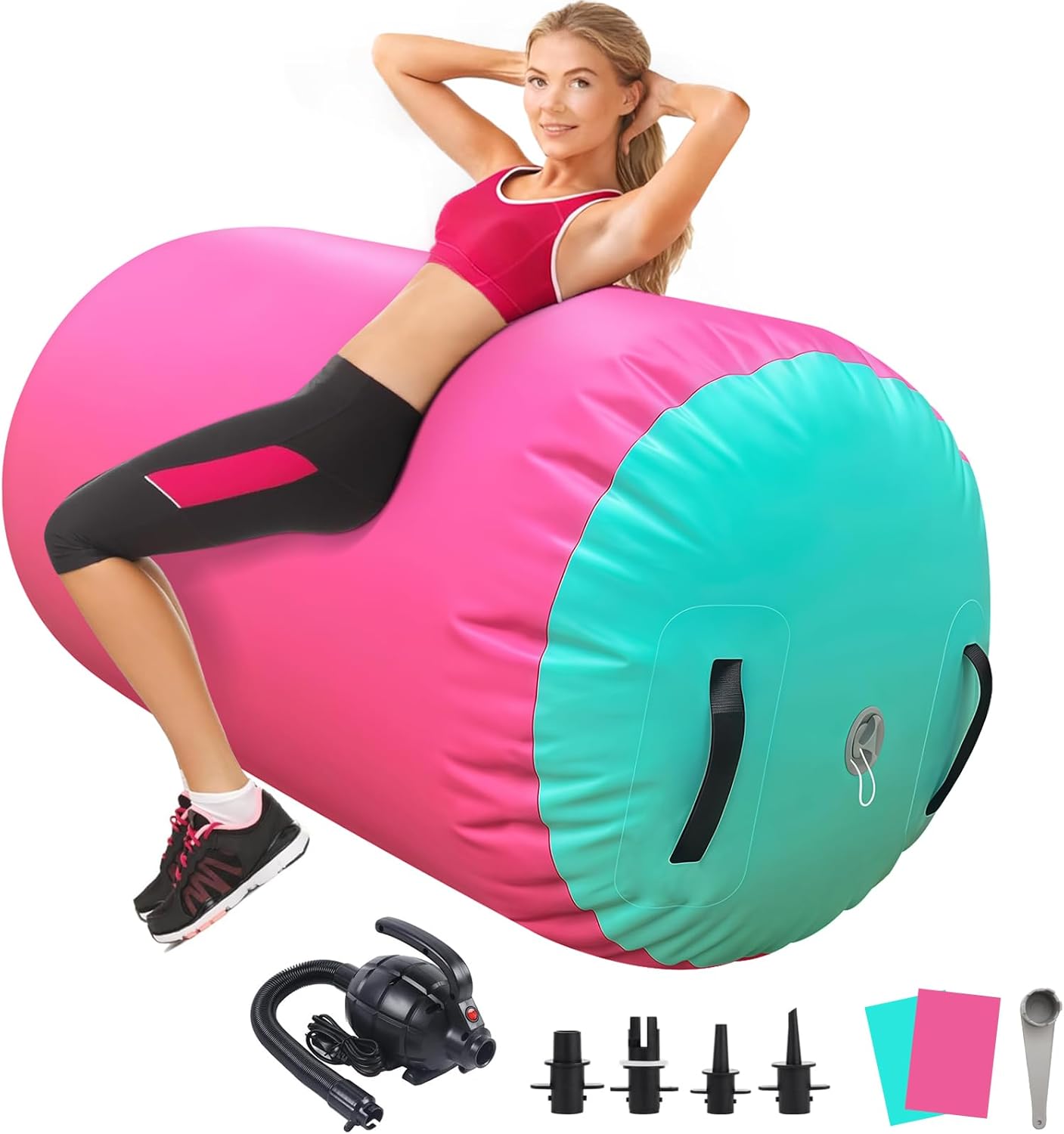Air Roller Gymnastics Barrel Inflatable Tumbling Roller Air Mat Octagon Mat with Electric Pump for Backhandspring Training Cheerleading Home Use
