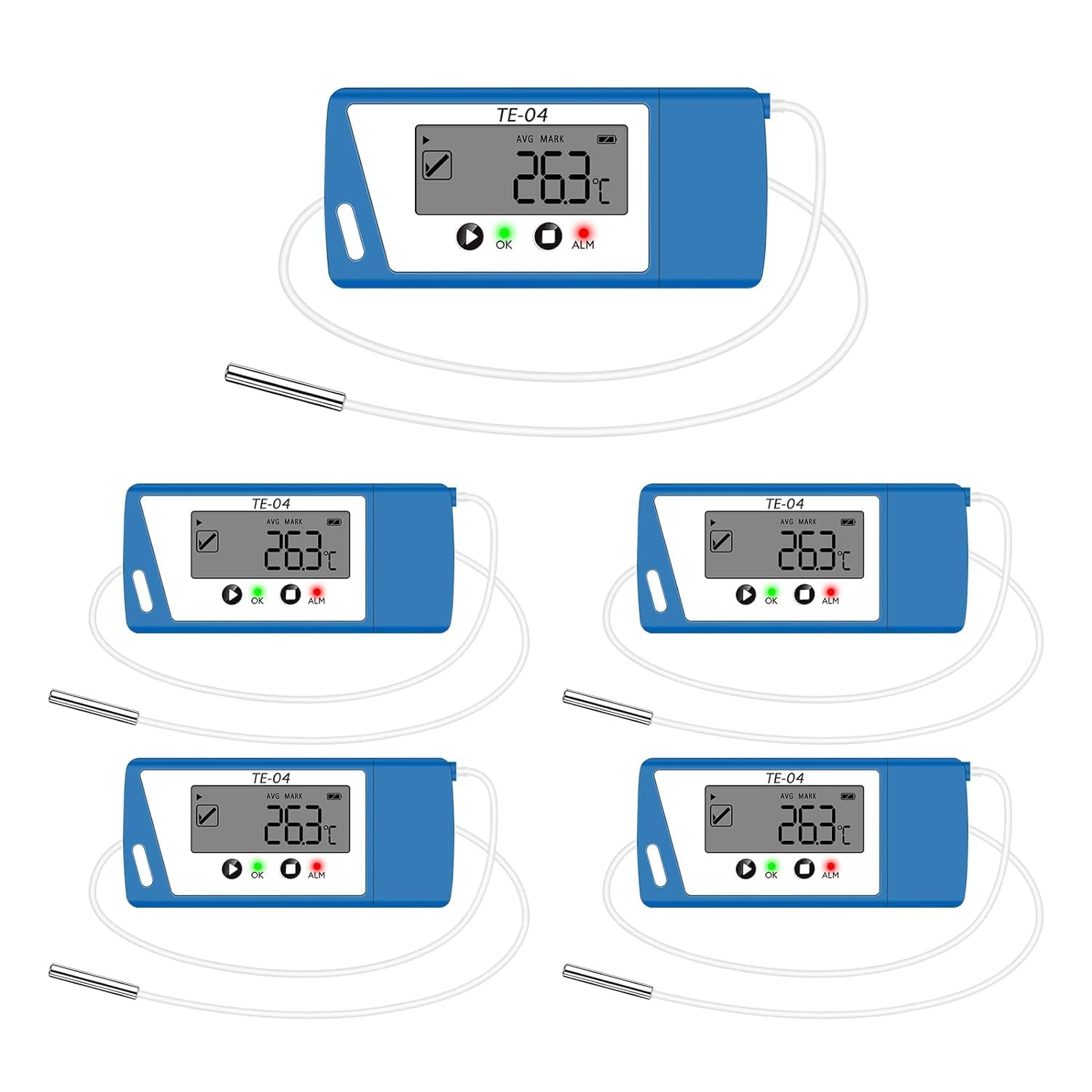 ThermElc TE‑04 ET (5-Pack) Temperatur Datenlogger, Größeres Display, Protokollierungsunterbrechungsfunktion, Zwei Interne/Externe Sensoren, Auto PDF/CSV-Berichte für Temperaturkartierung,Kühllagerung
