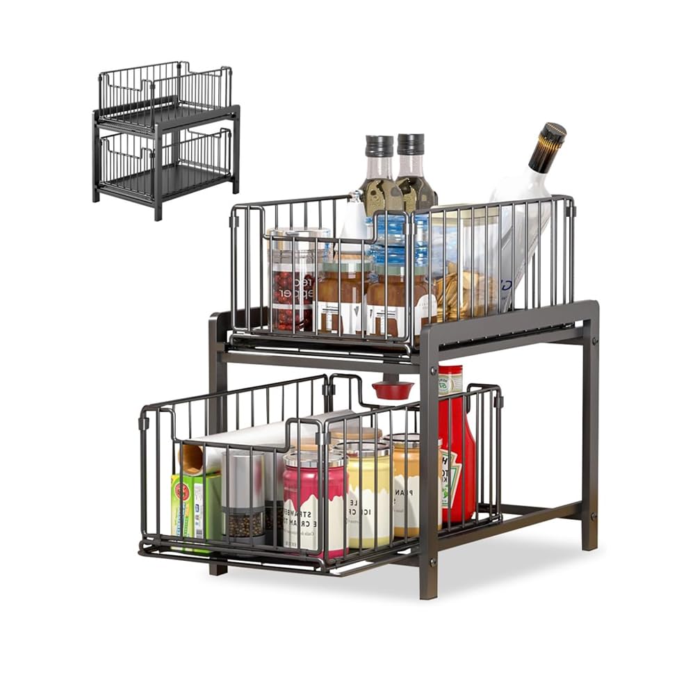 AMERTEER 2 Tier Under Sink Organizer, Bathroom Cabinet Storage with Sliding Drawers, Multi-Purpose Kitchen Rack for Pantry, Countertop & Bathroom Organization, Space-Saving Black Storage Solution
