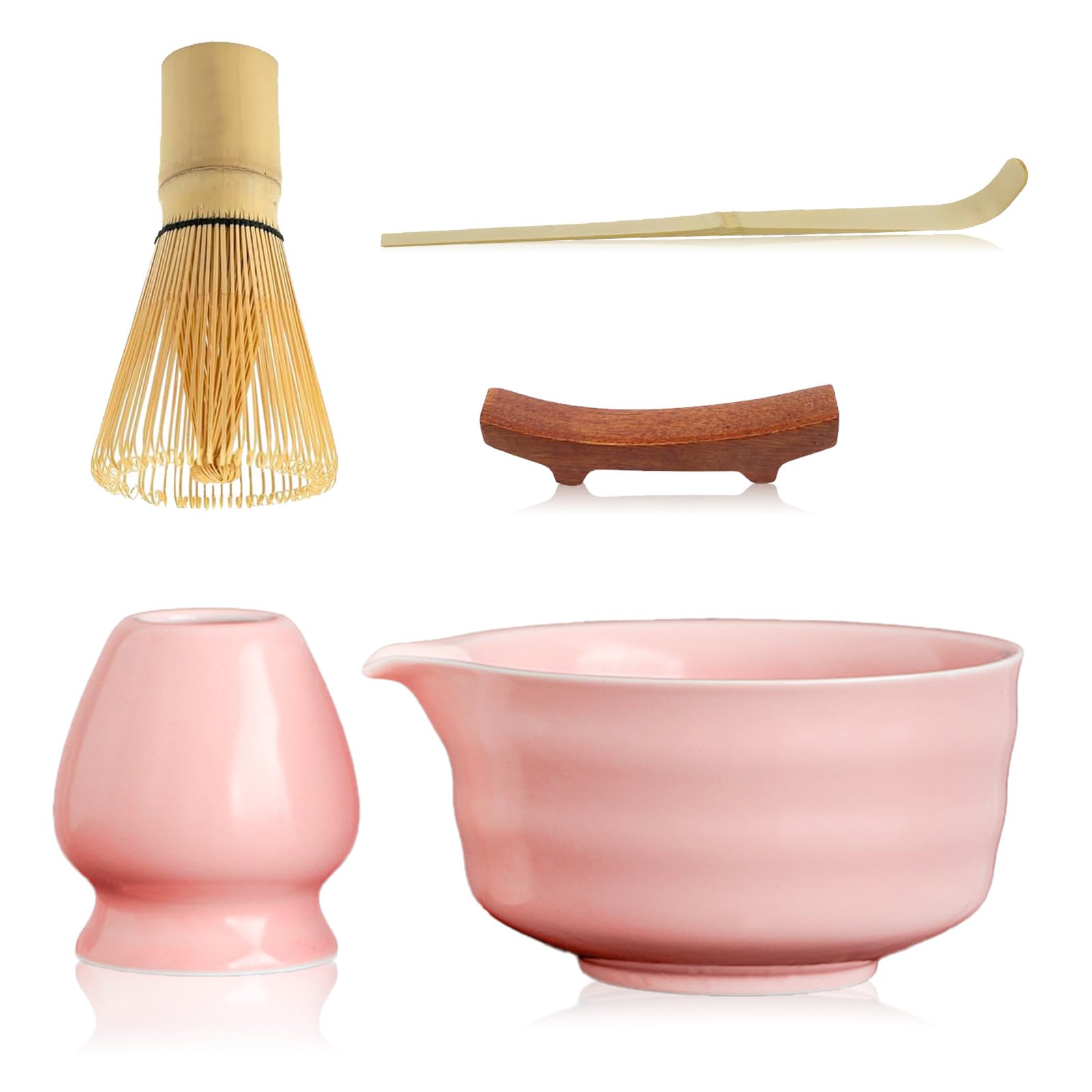 Kit de cérémonie du matcha rose complet avec son fouet artisanal et support
