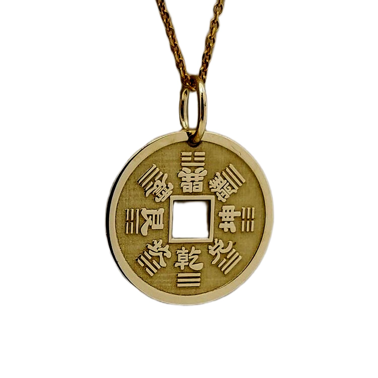 Collar de plata de ley 925 de 28 mm | Cadena de 45 cm | Colgante de moneda de la suerte china | Joyería de la suerte | Amuleto de Feng Shui | Moneda de la suerte grabada con baño de oro | 00753