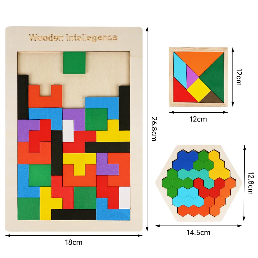 Ainiv Tangram Puzzles, 3 w 1 Drewniane Puzzle Inteligencji Zestaw, Drewniana Układanka, Łamigłówka, Zabawki Edukacyjne, Pudełko Puzzle, Klocki Budowlane, Prezent dla Chłopców i Dziewcząt