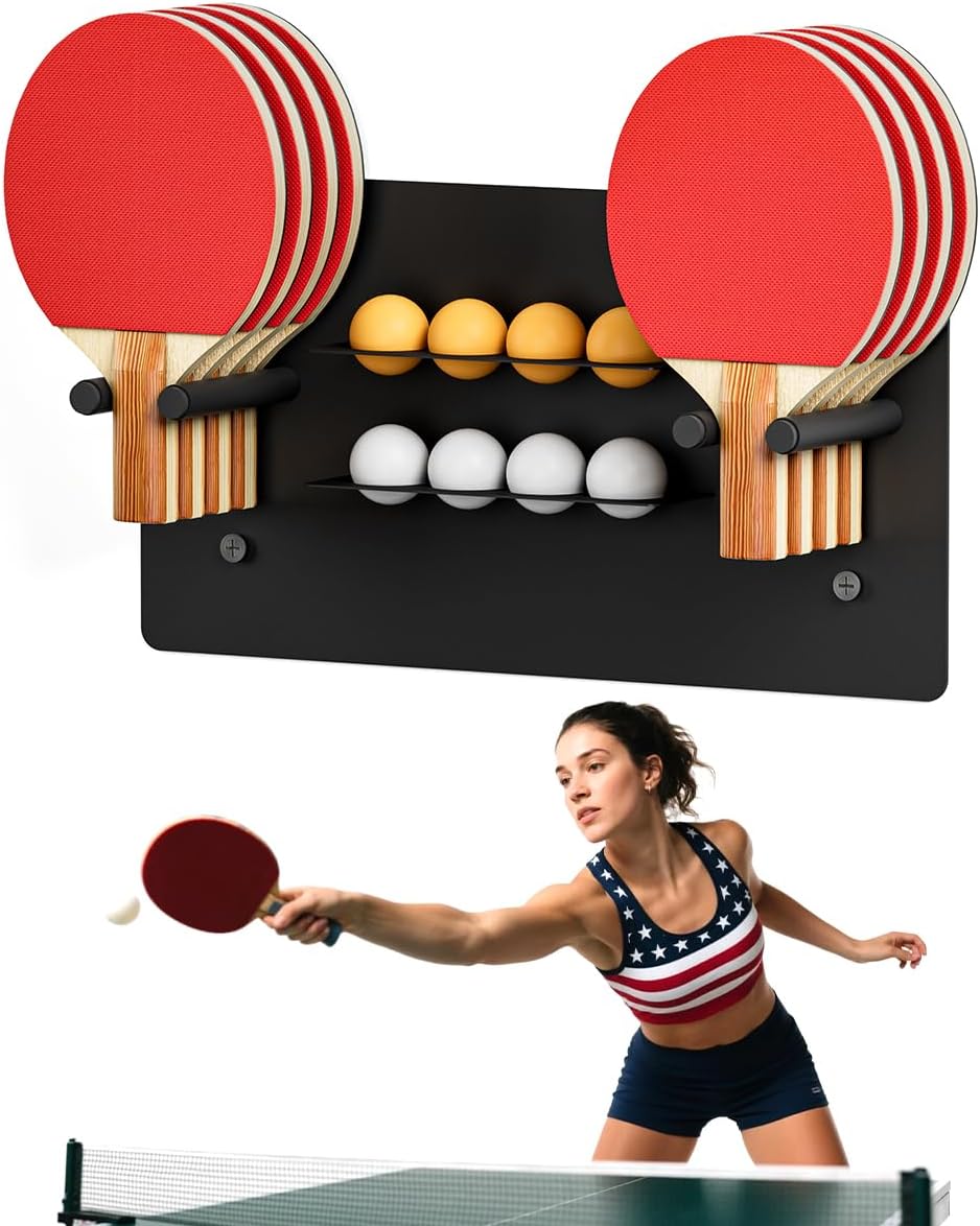 Artibear Ping Pong Paddle Holder, Wall Mounted Metal Magnetic Table Tennis Storage Rack Holds
