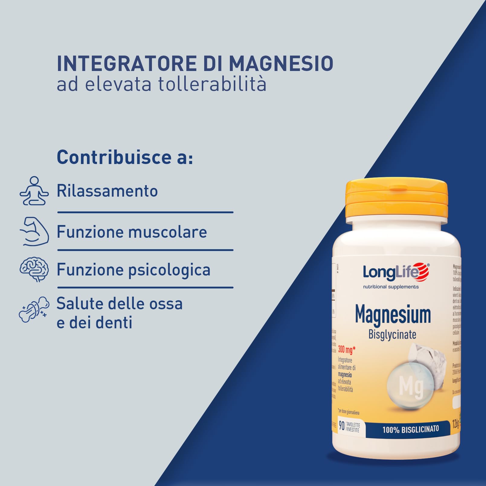 LongLife® Magnesium Bisglycinate | 100% magnesio bisglicinato | Elevata tollerabilità e biodisponibilità | Integratore di magnesio per rilassamento e stress | 90 tavolette | Vegano e senza glutine