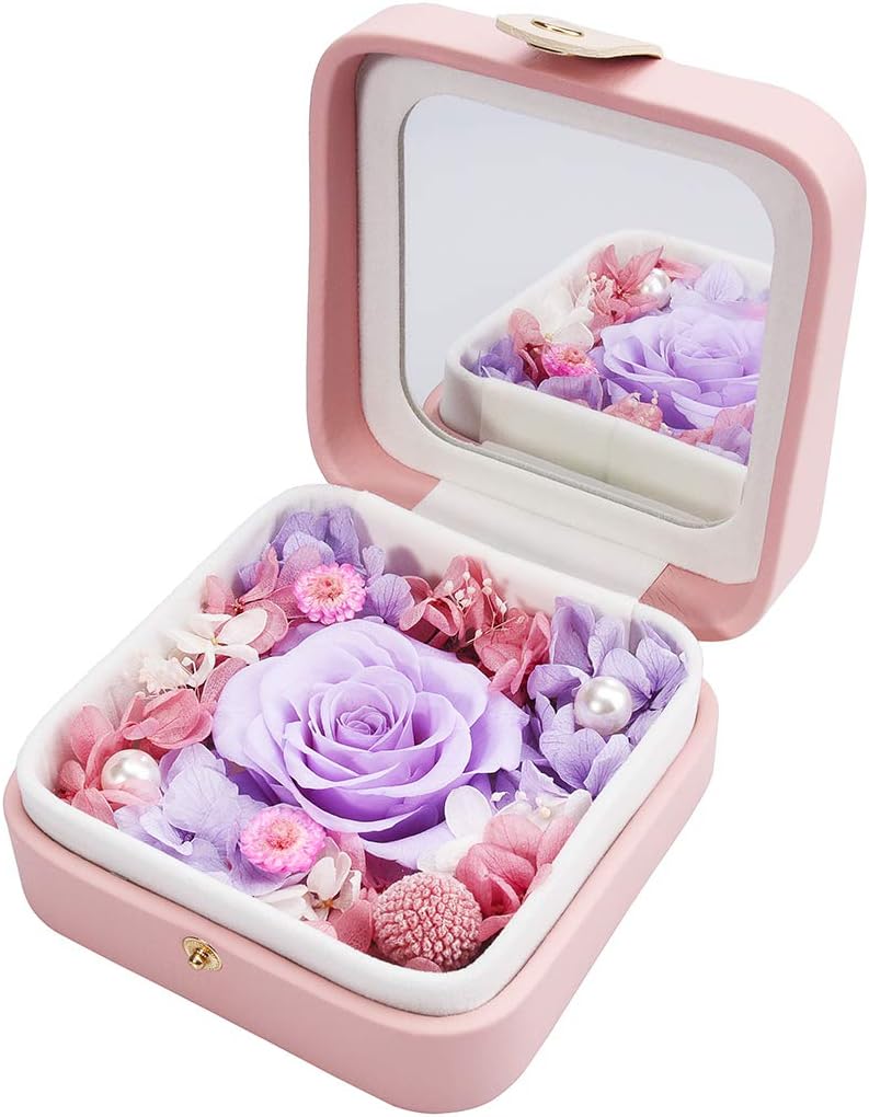 hey June Mothers Day Flowers, Preserved Flower Rose in Jewelry Case, Unique Gifts for Women, Mother's Day Valentines Birthday Christmas Anniversary Wedding Gifts, Mirror Series (Purple)