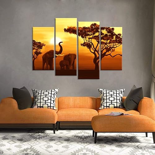 Miniatura 2 de iHAPPYWALL Lienzo de 4 paneles con diseño de elefantes africanos para la pared, diseño de elefante, puesta de sol, bosque, ilustraciones de animales