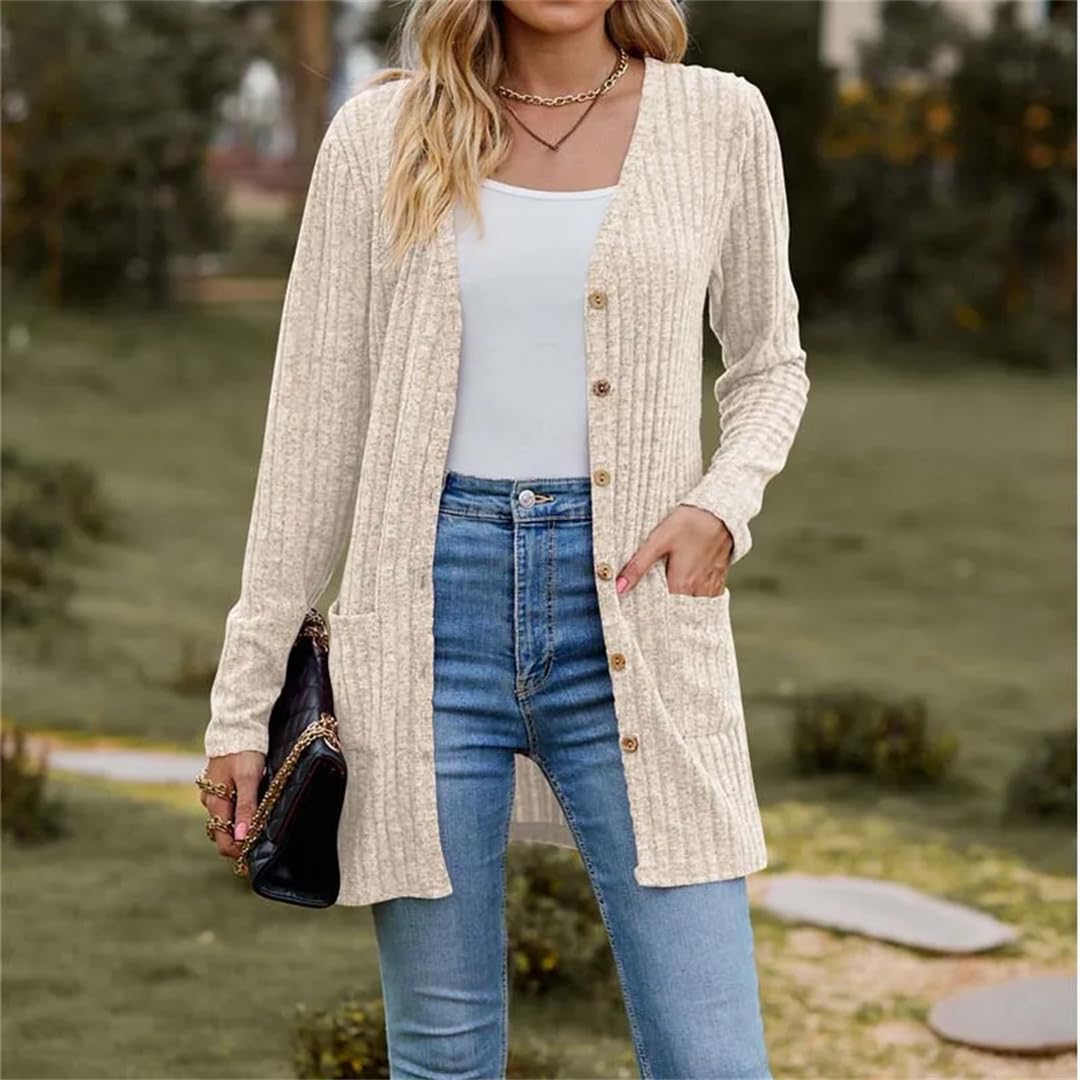 Chaqueta de punto de otoño para mujer, manga larga, a rayas, color sólido, botones para ropa de mujer de moda