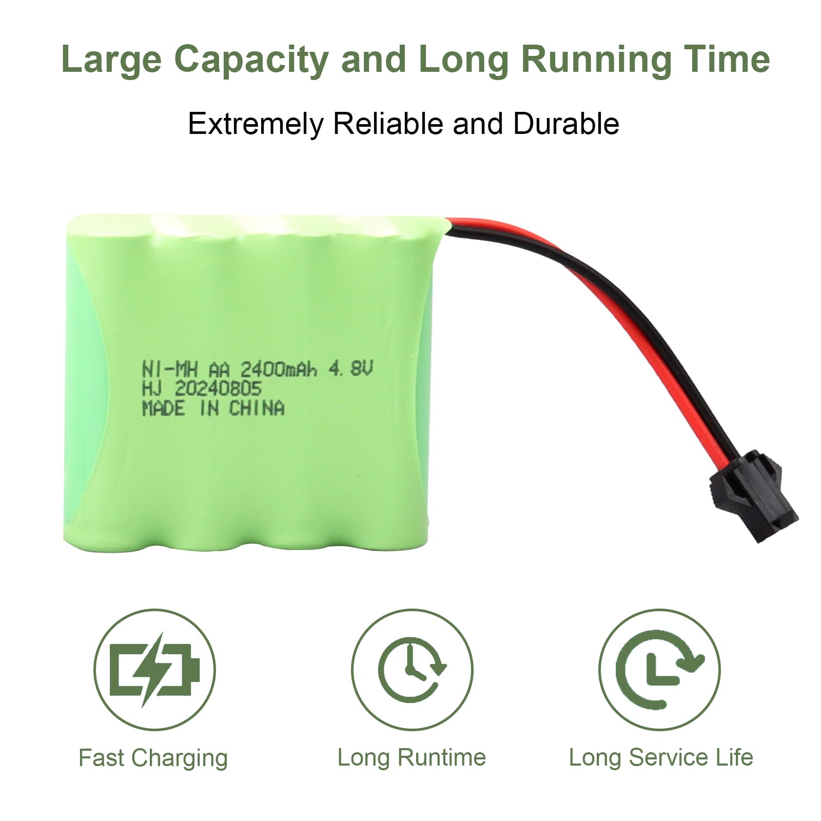 2 pezzi NiMH RC batteria ricaricabile 4,8 V 2400 mAh con connettore SM 2P, adatto per auto radiocomandate, veicoli elettrici giocattolo, camion telecomandati, utensili elettrici