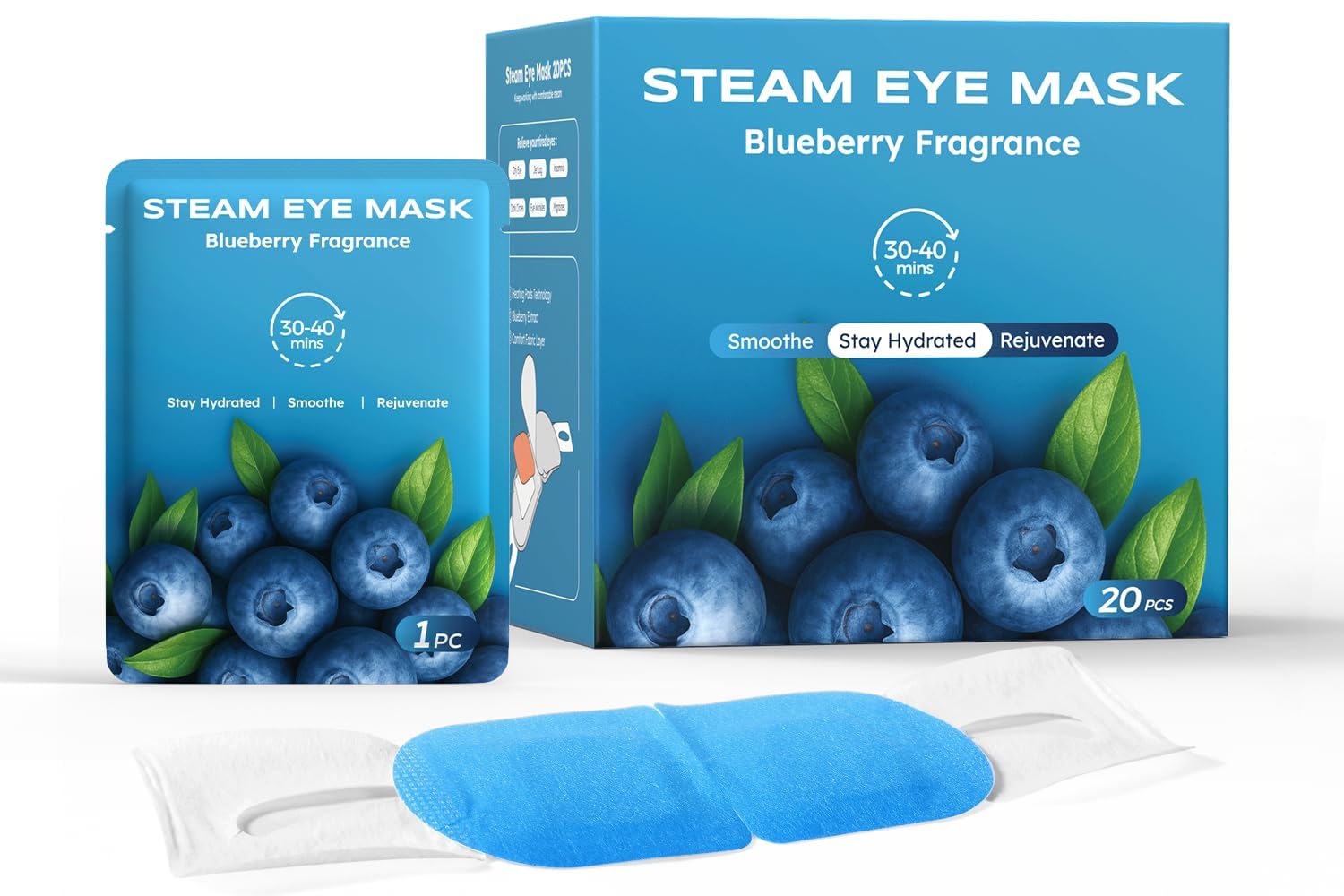 ProCIV New Steam Eye Mask 20 Packs Blueberry Warming Eye Masks Eucalyptus Fiber Self Heating Eye Mask Disposable Sleep Mask for Dry Eyes Plane Travel Essentials