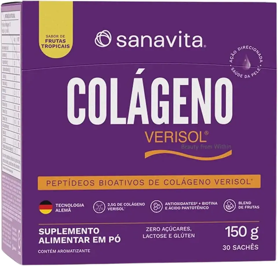 Colágeno Hidrolisado Verisol Sanavita 30 sachês - O melhor p/Previnir Flacidez da pele e Rugas (Frutas Tropicais)