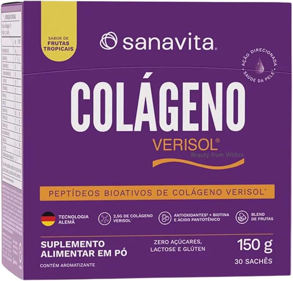 Colágeno Hidrolisado Verisol Sanavita 30 sachês - O melhor p/Previnir Flacidez da pele e Rugas (Frutas Tropicais)