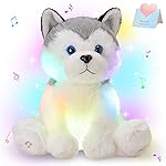 Houwsbaby 12\'\' Gray Light Up Musical Stuffed Animal Husky Singing LED Dog Glowing Plush Toy Lullaby Animated Soothe Birthday Festival Present for Kids Toddler Girls