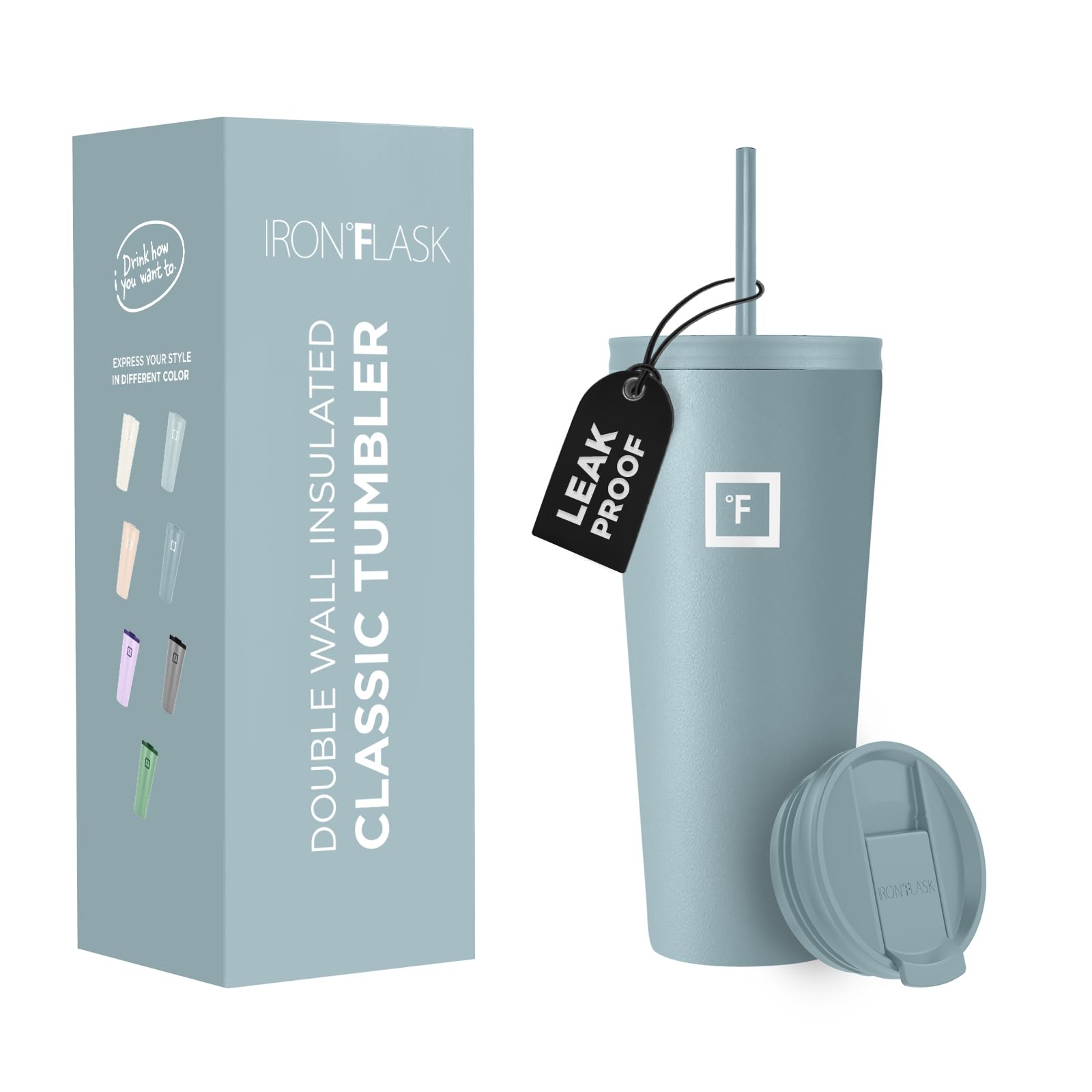 IRON °FLASKClassic Tumbler 2.0-2 Lids (Straw/Flip), Vacuum Insulated Stainless Steel Water Bottle, Double Walled, Drinking cup, Thermo Travel Mug - Elemental Gray, 32 Oz