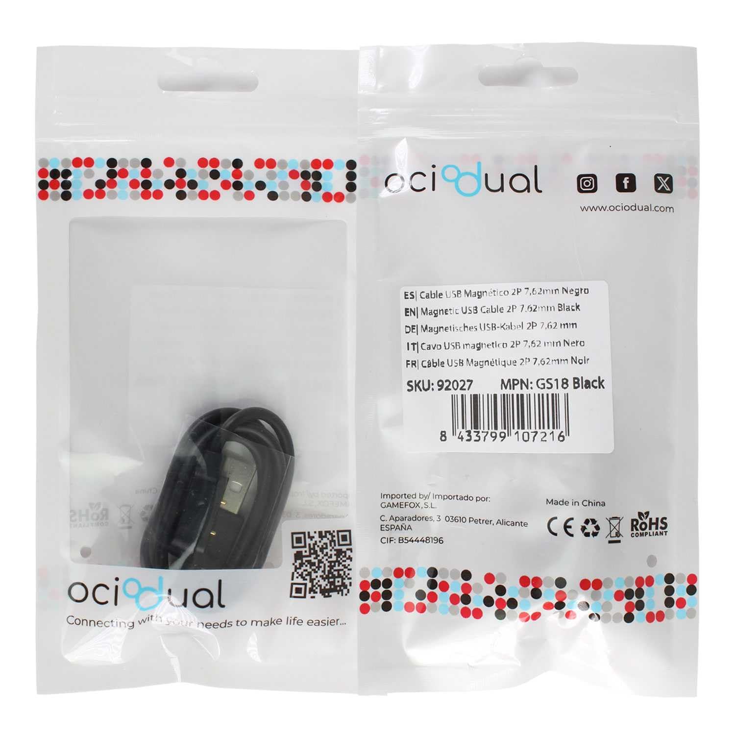 OcioDual Magnetyczna ładowarka USB kabel 2-biegunowy Pitch 7 62 mm do smartwatcha - czarny akcesoria