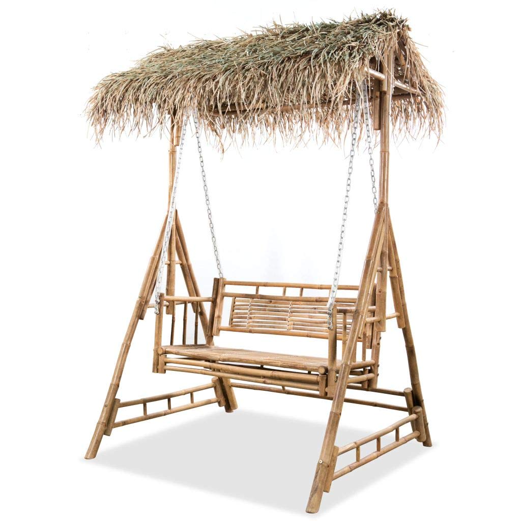 Banco Columpio de Dos plazas bambú y Hojas de Palma, Columpio Jardin Exterior, Balancin Jardin Exterior, Muebles Jardin Exterior, Balancin Balcon, 202 cm