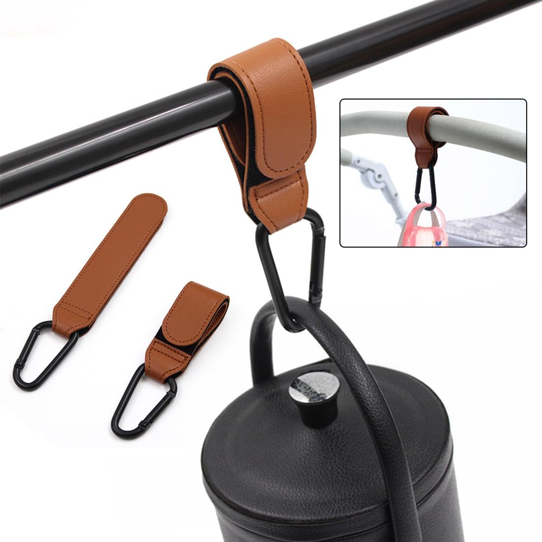 2 Pezzi Ganci Passeggino, Pelle Ganci, Gancio per Borsa Spesa, Ganci per Passeggino Universale, Moschettoni per Carrozzina, Per Carrozzina Bici Auto Carrello Appendi Sacchetti (Marrone/scuro)