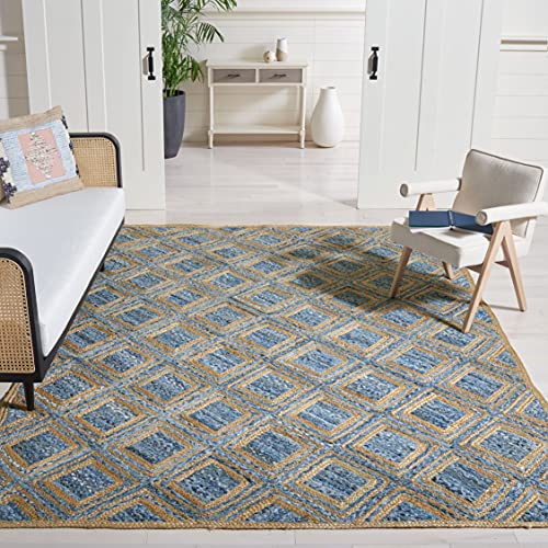Safavieh Cape Cod Collection CAP354A Handmade Flatweave Diamond Braided Jute & Denim Area Rug, 8  x 10 , Natural   Blue