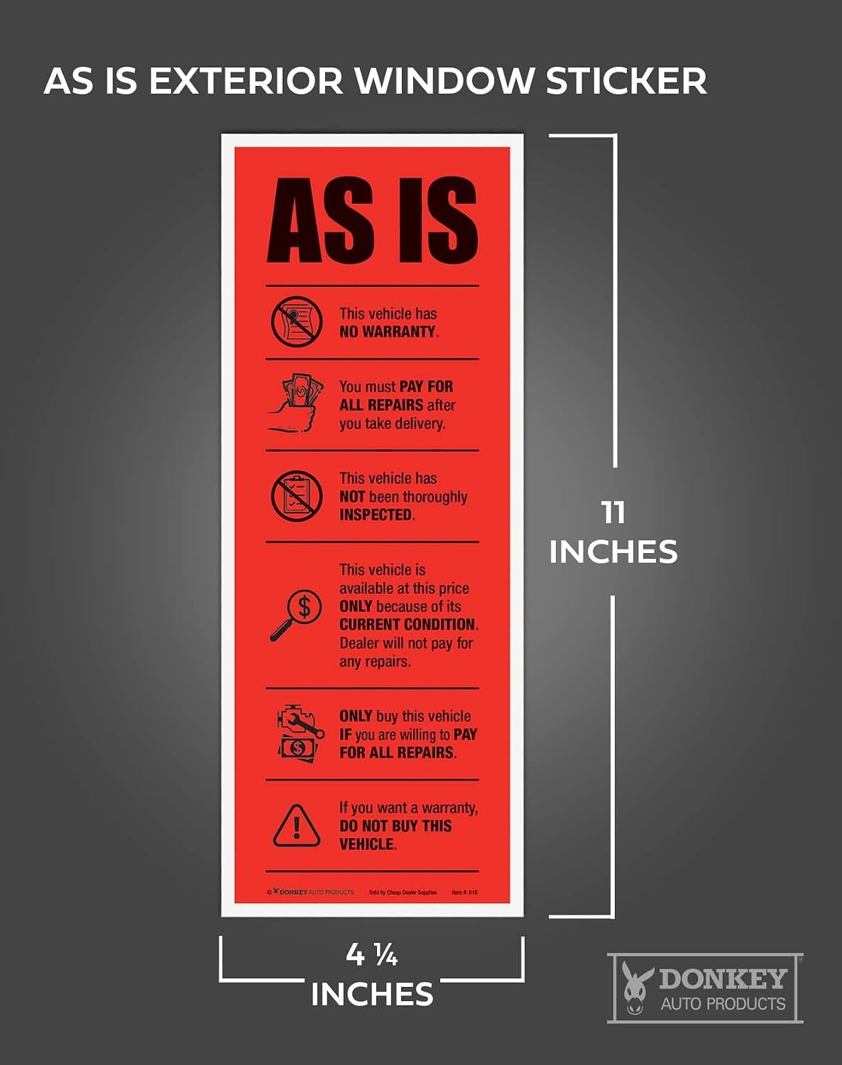 As is Half-Sheet Vehicle Exterior Window Stickers, 4.25 x 11 Inch, Waterproof, Self-Adhesive, 100 Pack (Red) image 2