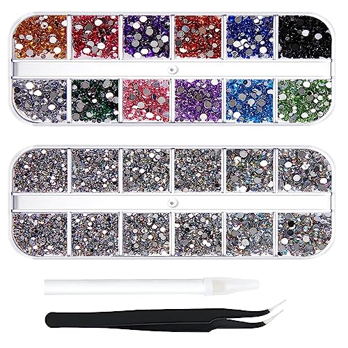 YQkangzhu 2 Boxes Rhinestones for Nail Art Craft, 6 Size Nail Gems Flatback Rhinestone for Crafts, Jewels Diamonds Stone Kit with Picking Pen and Tweezers, Ab Glass Crystals for Clothes Shoes Bags DIY