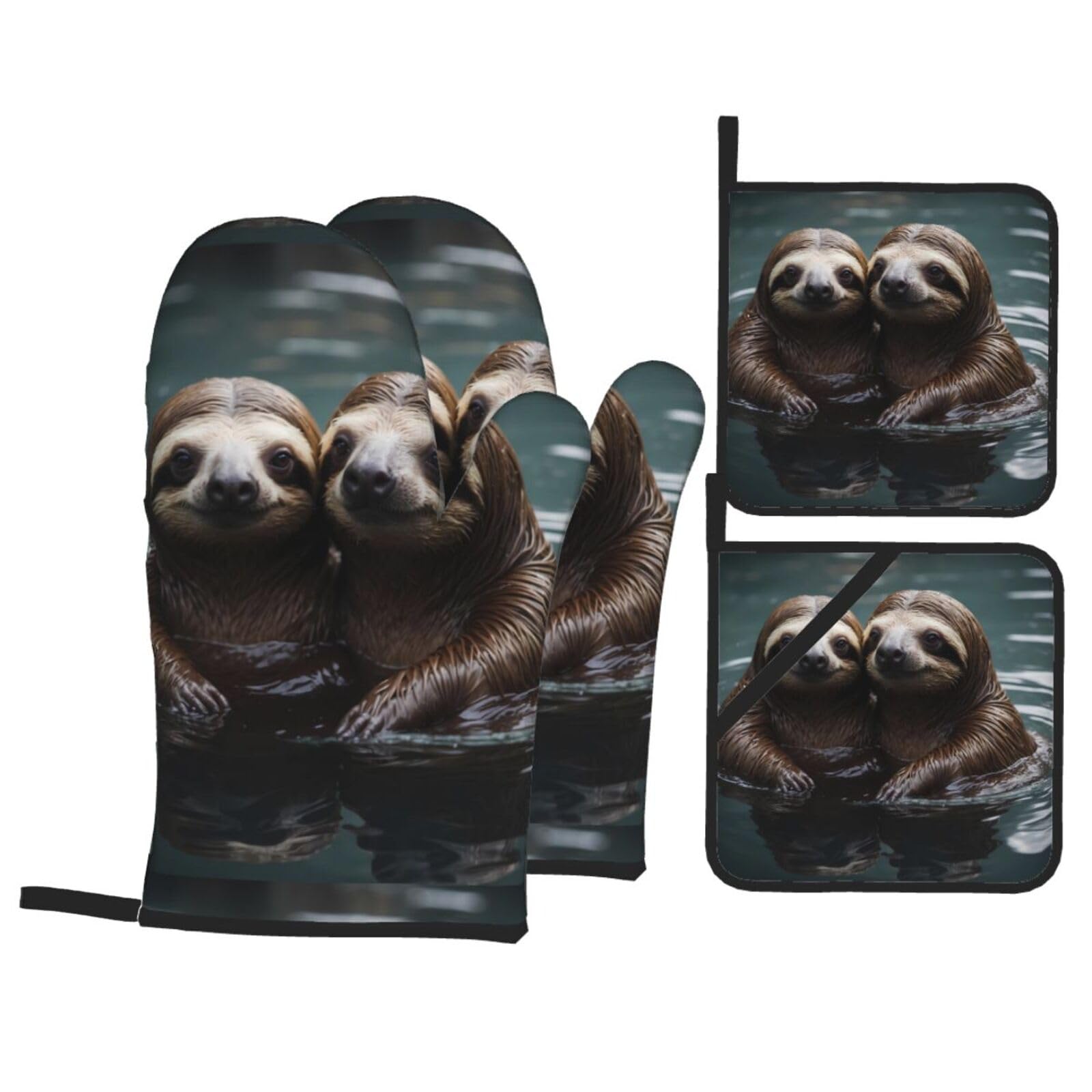 YYHWHJDE Two Cute Water Sloths Printed Kitchen Baking Set of 4 Thick Insulated Oven Mitt & Pot Holders, Anti-Scalding for Microwave, Oven, Outdoor BBQ