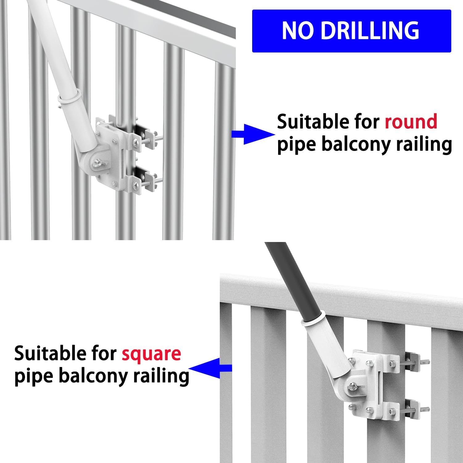 NO Drilling Flagpole Mount Fit for Balcony Railing - Flag Pole Holder Perfect for Porch & Fence - fit Round and Square Railing with Anti-Skid Silicone Patches - for 1 inch or thinner flagpole (White)