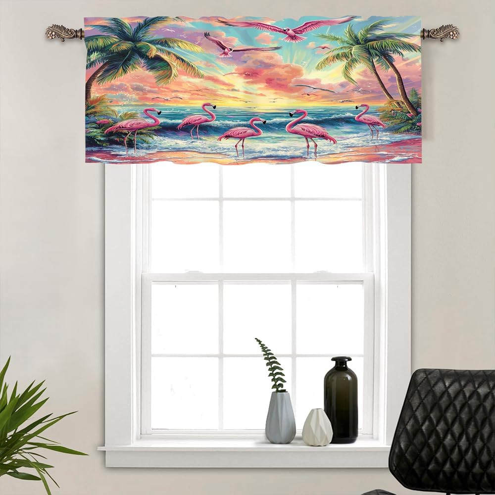 1 Panel Ocean Beach Palm Tree Valance for Windows, Abstract Flamingo Seagull Rod Pocket Valance Curtains Home Decor Window Treatment for Kitchen/Living Room