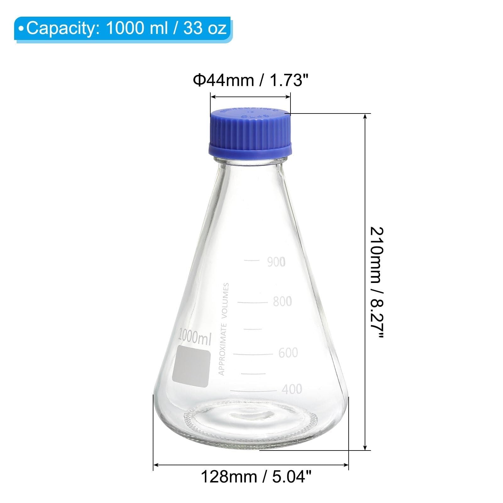 Set Matraz Erlenmeyer - 2 x 1000ml Vidrio Borosilicato Graduado con Tapón Roscado para Laboratorio Química(2,250ml/8.45oz)