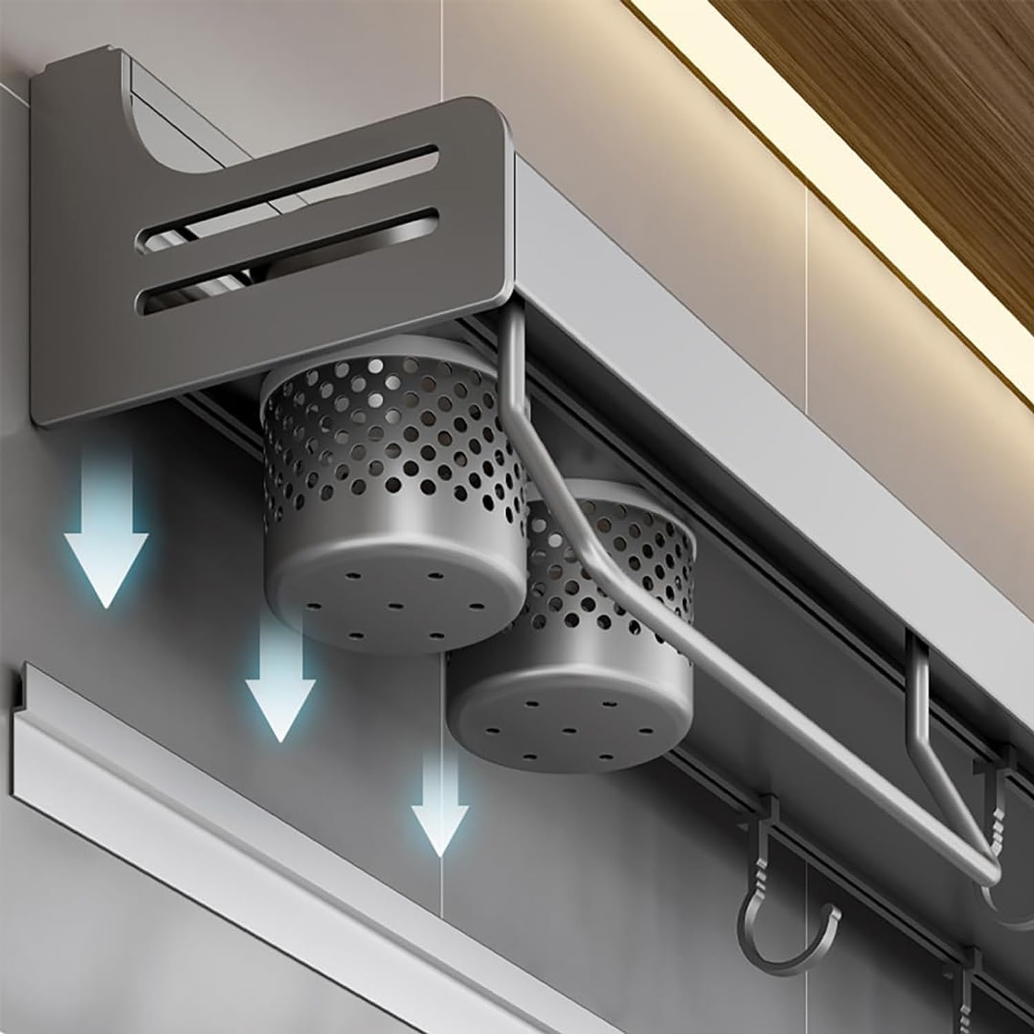 Premium-Gewürzregal aus Aluminium, Wandmontage, kein Bohren, selbstklebende Küche, Haken für Utens und Messer, 40 cm Größe, schlankes weißes Design