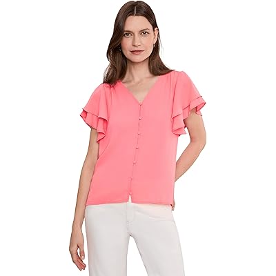 CeCe Double Flutter Sleeve Shirred Shoulder Top coral bloom