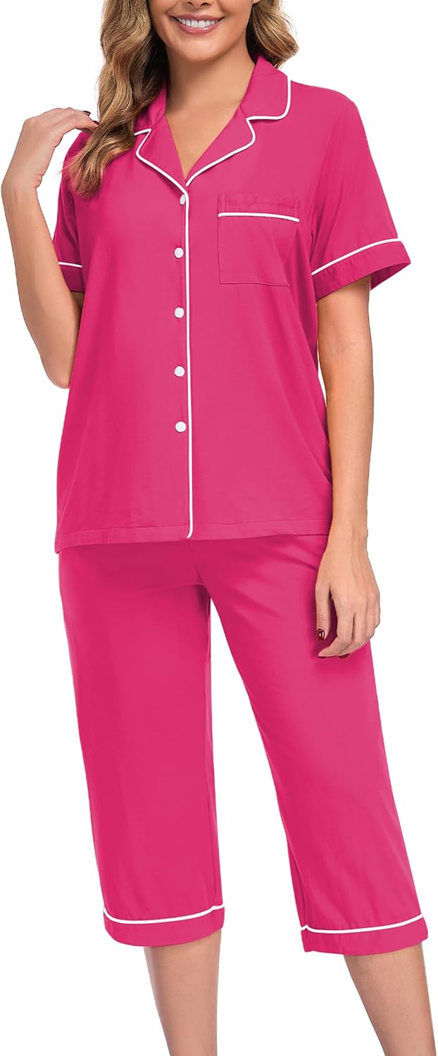 EA'S SECRET Cotton Pajamas for Women Pjs Capri Pajama Sleepwear Button Down Short Sleeve Loungewear Set Sleepwear For Women