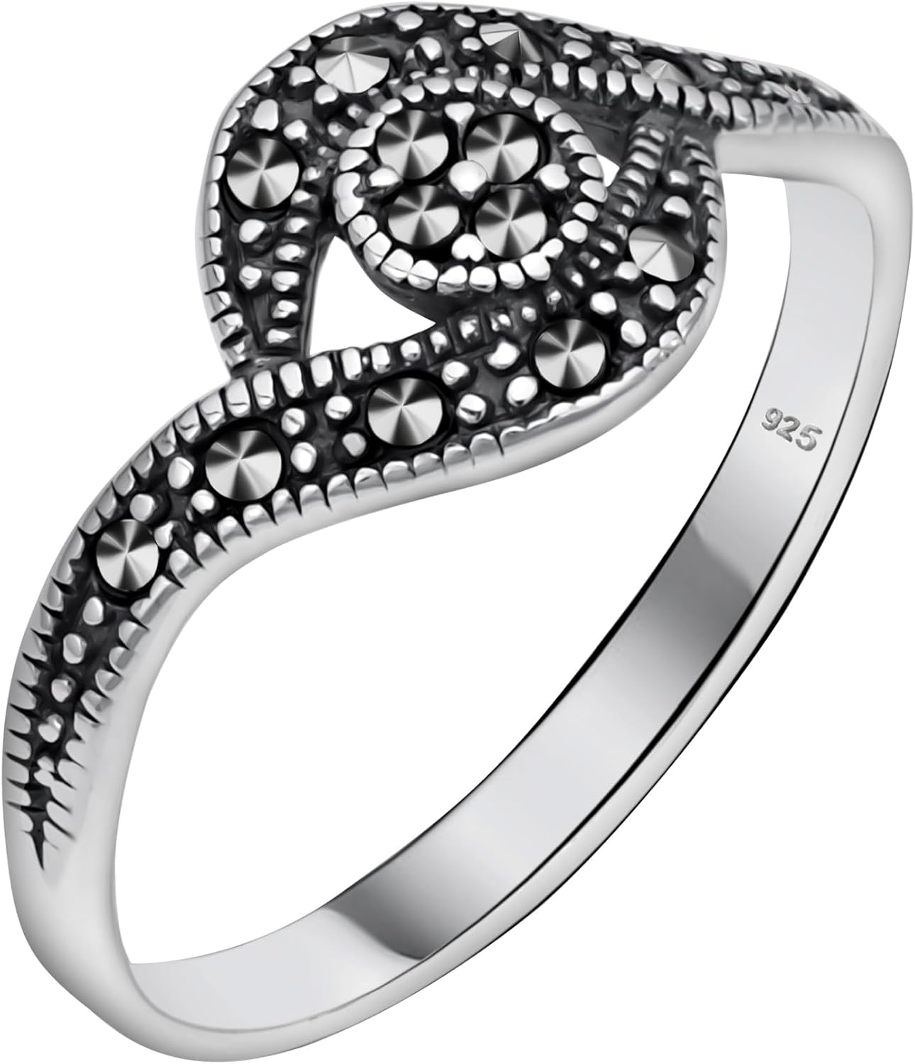 Genuine Solid 925 Sterling Silver Marcasite Women's Moon and Star Oxidized Stacking Band Ring