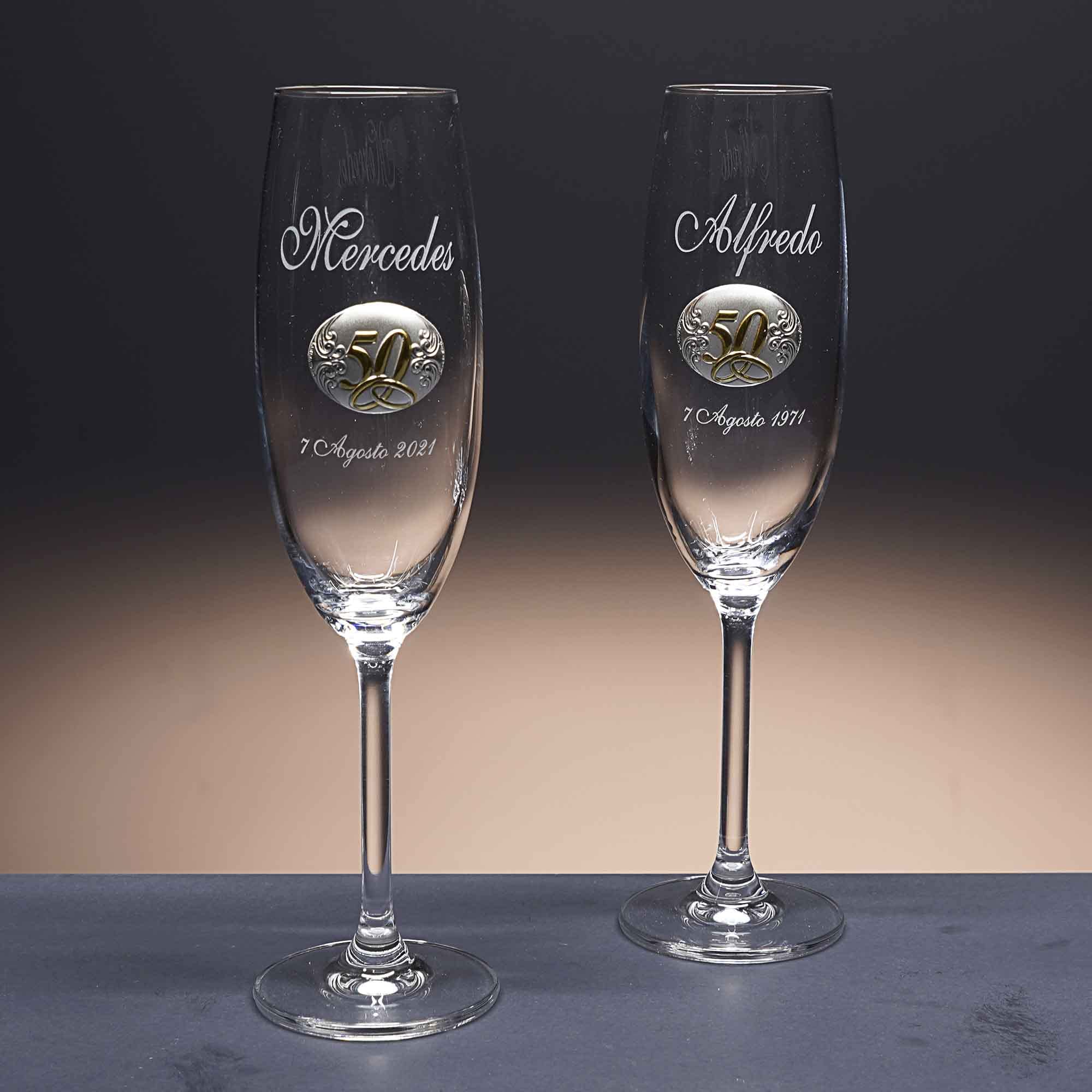 Gala&K | Set de 2 copas de cristal para champán | Para novios | Bodas de plata/oro | Aniversarios | Aplique bilaminado | Colección GASTRO-50 ANIVERSARIO+GRABADO LASER | Grabación personalizada.