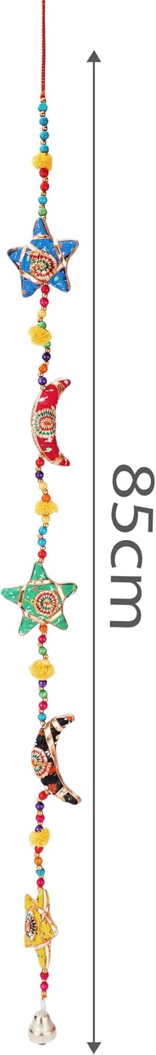 Craftsofindia®Handmade Moon and Stars Garland - 85 cm Beaded Wall Hanging with Bells, Celestial Home Decor for Kids Room, Bedroom, Diwali Party