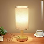 Small Square Bedside Table Lamp for Bedroom, Minimalist Wood Base & Round Fabric Shade, Mini Cute Cozy Warm Nightstand Boho Lamp, Study Desk Night Stand Light for Room, Dorm, Nursery, Living Room