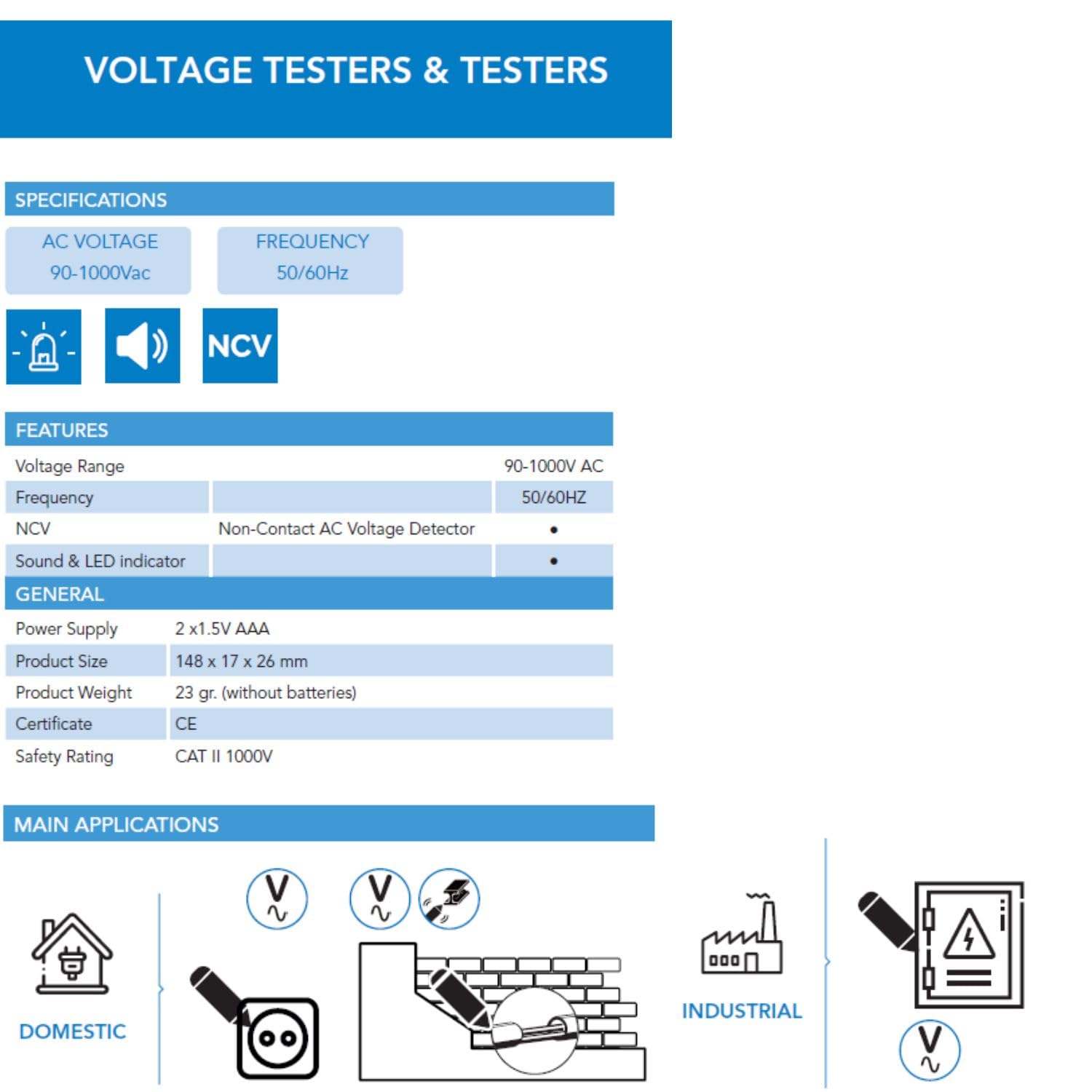 C-LOGIC 25 Detector de Voltaje Sin Contacto NCV Comprobador de Tensión con LED Rojo, Rango de 90V-1000V AC, Indicador Acústico y Visual, Detección de Roturas de Cables, CAT II 1000V
