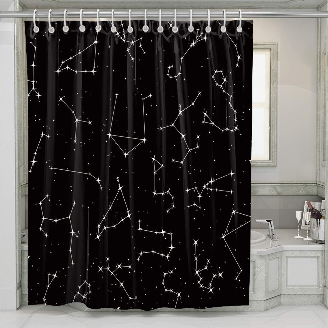 Shower Curtain with Hook Zodiac Constellations in The Night Aries Taurus Gemini Leo Virgo Libra Scorpio 72x72 Inch Waterproof Decoration for Family and Dormitory Bathroom