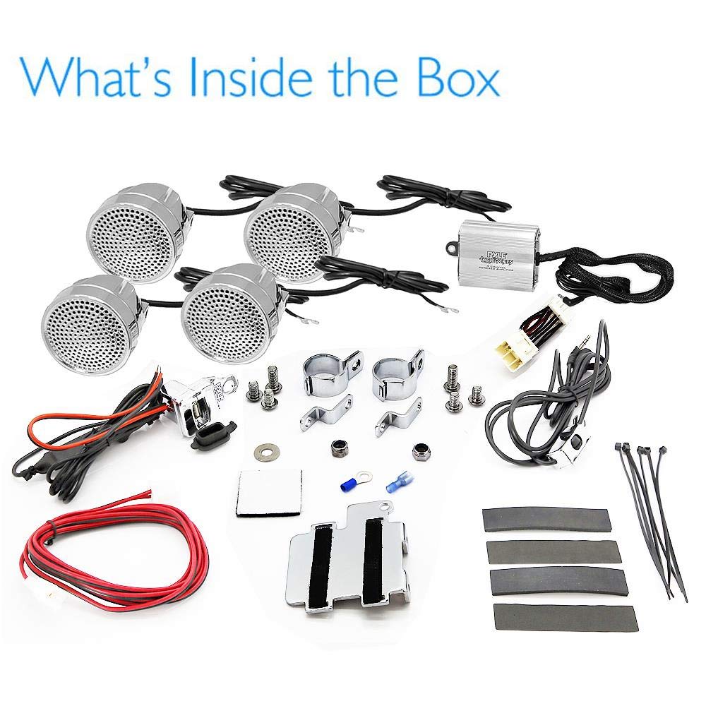 Pyle PLMCA90 1200 Watts Motorcycle/ATV Amplifier with Dual Handle-Bar Mount Weatherproof Speakers, MP3/iPod Input, USB Charger - Set of 4