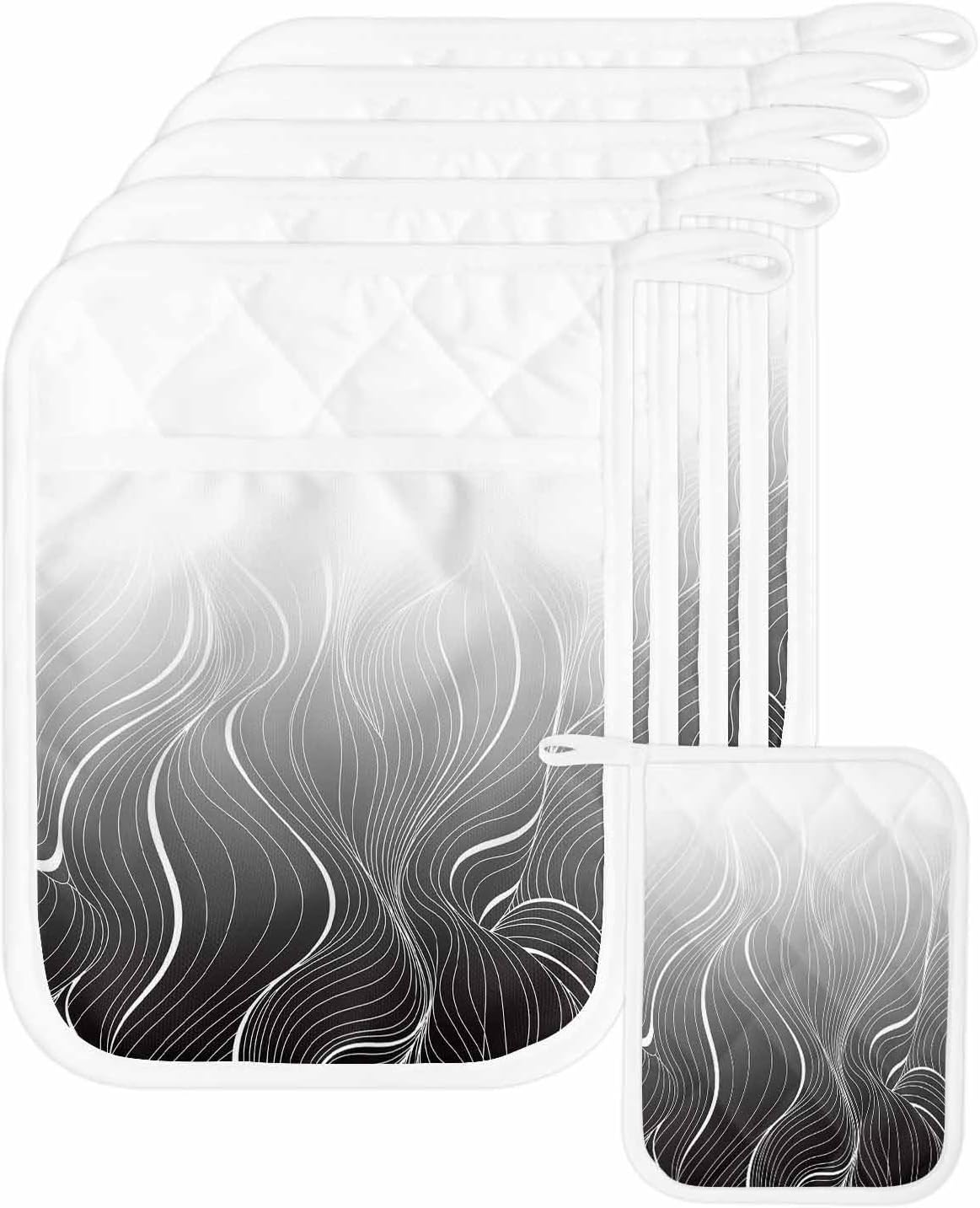 5 Pack Pot Holder with Pocket, Black Ripple White Abstract Line Kitchen Potholders Heat Proof Non Slip Pot Holders Sets, Gradient Geometric Art Hot Pads Potholder for Cooking Baking BBQ
