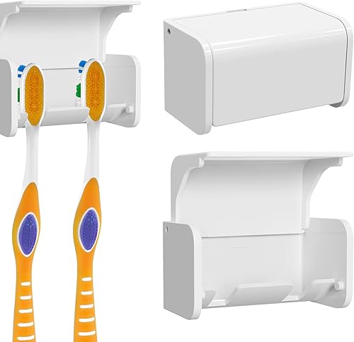 Miniatura 14 de Soporte para cepillos de dientes montado en la pared con cubierta para baño, 2 ranuras organizador de almacenamiento de cepillos de dientes para