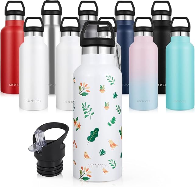 mininoo Stainless Steel Water Bottle, 500ml Vacuum Insulated Water Bottle, Double Walled BPA Free Metal Water Flask, Leakproof Sports Flask, 12 Hours Hot Drinks Bottle,Bird Pattern (Glossy) with Straw