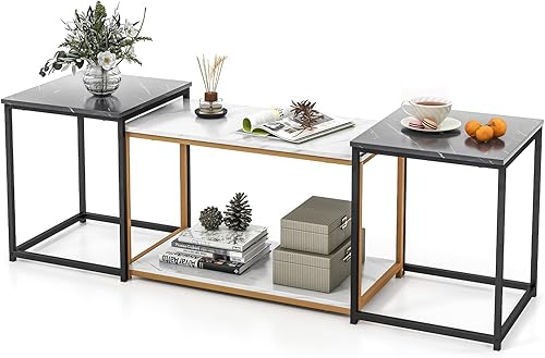 Giantex Moderna mesa auxiliar anidable, juego de 3 mesas auxiliares de mármol sintético con marco de metal resistente, 1 mesa rectangular y 2 mesas
