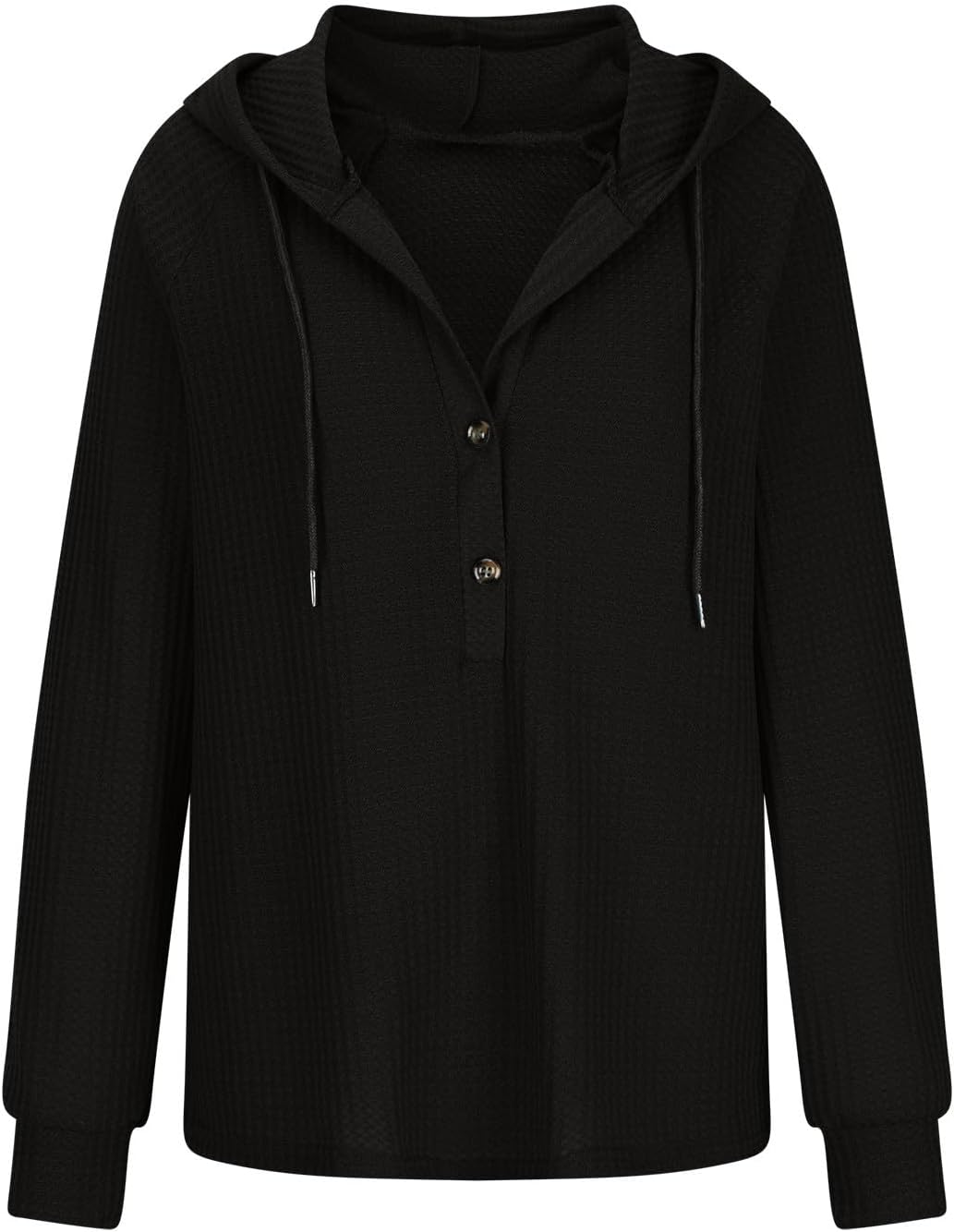 Hoodies for Women Waffle Knit Drawstring Button V Neck Long Sleeve Comfy Casual Pullover Sweatshirt Hooded Tunic Tops